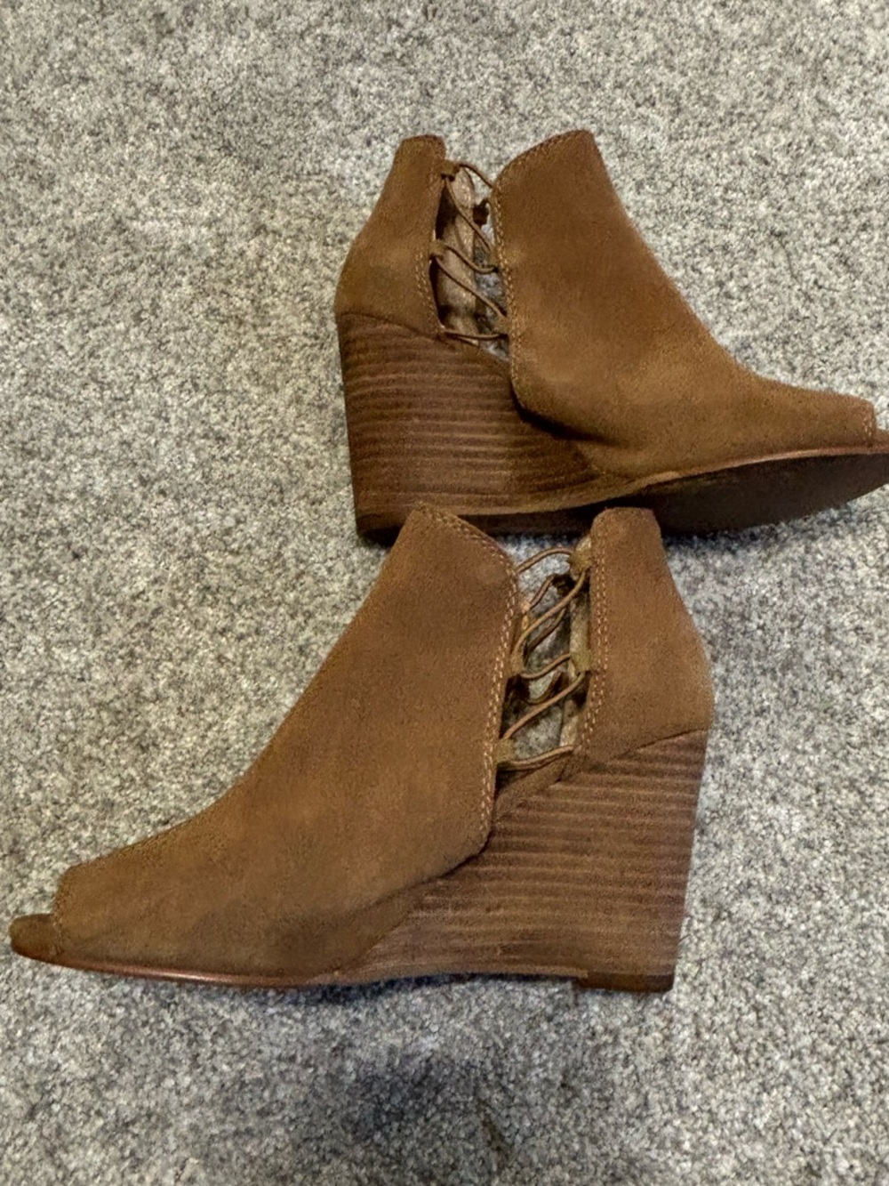 Women’s Brown Suede Lace-Back Wedge Peeptoe Booties